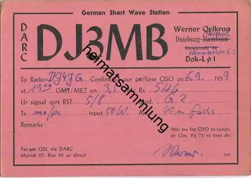 QSL - QTH - Funkkarte - DJ3MB - Duisburg-Meiderich - 1959