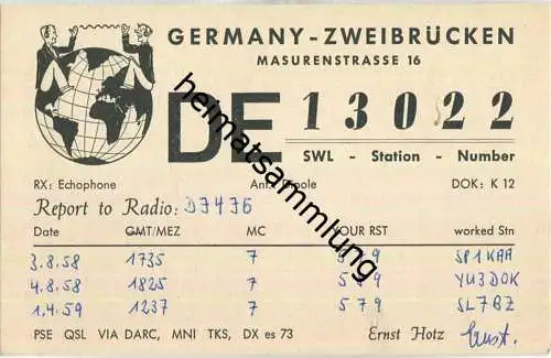 QSL - QTH - Funkkarte - DE-13022 - Zweibrücken - 1958