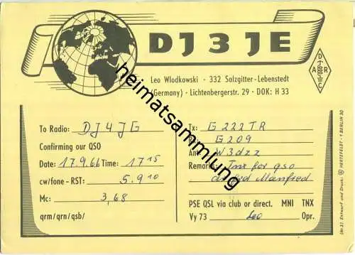 QSL - QTH - Funkkarte - DJ3JE - Salzgitter-Lebenstedt - 1966