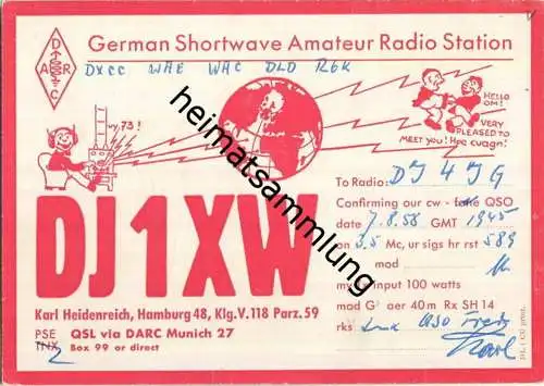 QSL - QTH - Funkkarte - DJ1XW - Hamburg 48 - 1958