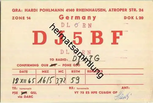 QSL - QTH - Funkkarte - DJ5BF - Duisburg-Rheinhausen - 1965