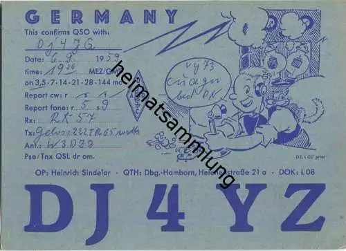 QSL - QTH - Funkkarte - DJ4YZ - Duisburg-Hamborn - 1959