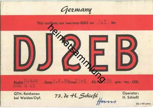 QSL - QTH - Funkkarte - DJ2EB - Reichenau (Waidhaus) - 1958