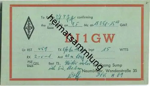 QSL - QTH - Funkkarte - DJ1GW - Neumünster - 1958