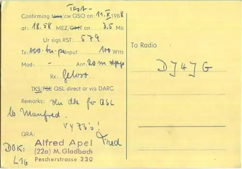 QSL - QTH - Funkkarte - DJ2AV - Mönchengladbach - 1958