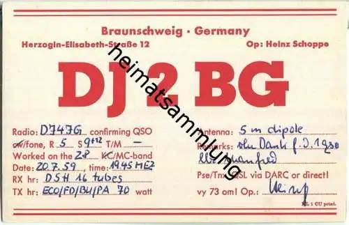 QSL - QTH - Funkkarte - DJ2BG - Braunschweig - 1959