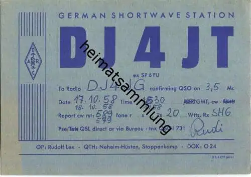 QSL - QTH - Funkkarte - DJ4JT - Neheim-Hüsten - 1958