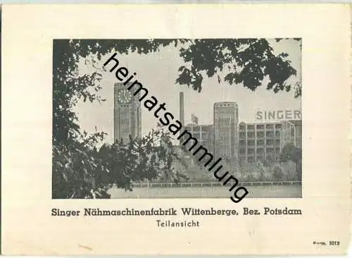 Wittenberge - Werbekarte Singer Nähmaschinefabrik - 12,5 x 9 cm - rückseitig bedruckt