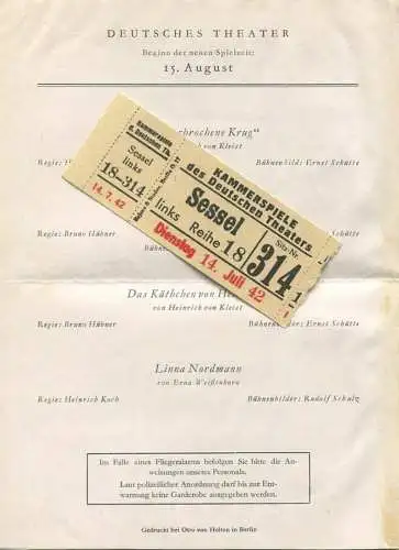 Deutschland - Berlin - Kammerspiele des Deutschen Theaters Schumannstr. 14 - Programm 14. Juli 1942: Die grosse Kurve mi