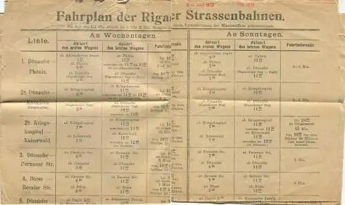 Lettland - Riga - Fahrplan der Rigaer Strassenbahnen 1-9 - 25. Okt 1913 - 7. Nov. 1913