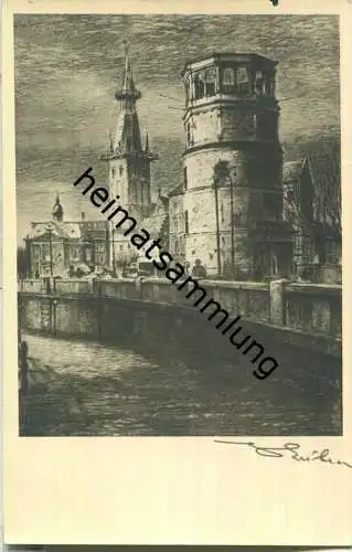 Düsseldorf - Alter Schlossturm - Lambertuskirche - Künstlerkarte G. Kühn