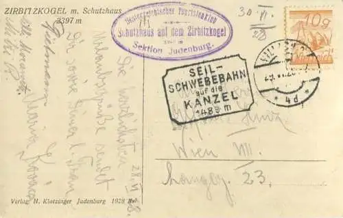 Zirbitzkogel - Schutzhaus - Foto-AK - Verlag H. Klotzinger Judenburg 1928 gel. 1928