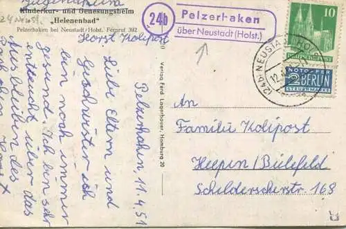 Ostseebad Pelzerhaken - Helenenbad - Verlag Ferd. Lagerbauer & Co. Hamburg - Posthilfsstellenstempel - gel. 1951