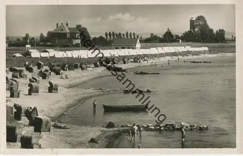 Ostseebad Pelzerhaken - Strand mit Zeltstadt und Leuchtfeuer - Foto-AK - Verlag Julius Simonsen Oldenburg gel. 1953