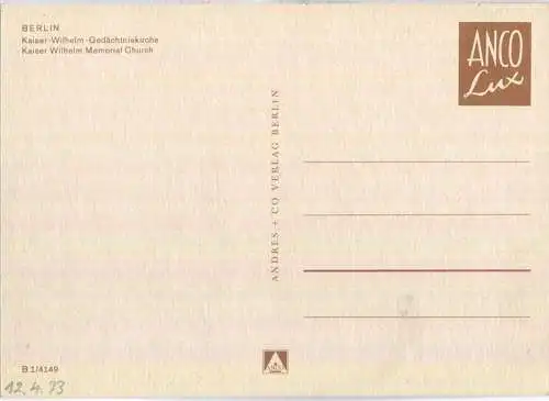Berlin - Kaiser Wilhelm Gedächtniskirche - Andres + Co. Verlag Berlin
