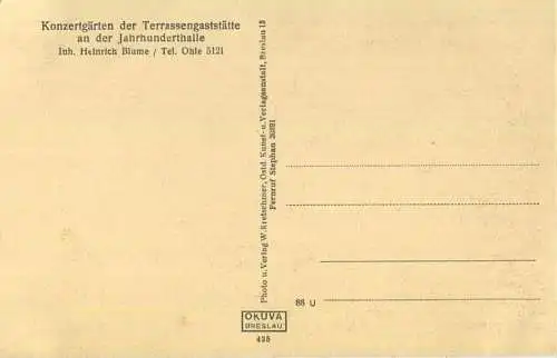 Breslau - Konzertgärten der Terrassengaststätte an der Jahrhunderthalle - Verlag W. Kretschmer Breslau