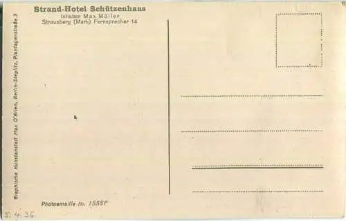 Strausberg - Panorama - Strandhotel Schützenhaus am Straussee Inhaber Max Müller - Verlag Max O'Brien Berlin 30er Jahre