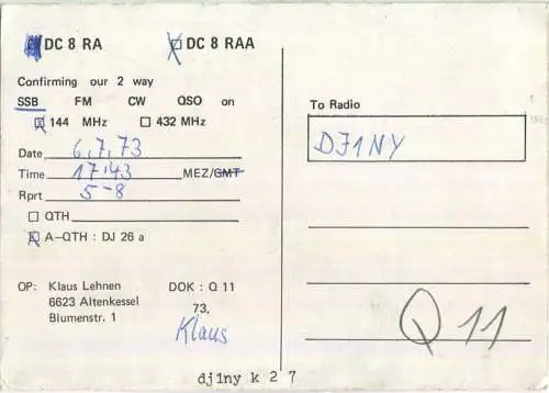 QSL - QTH - Funkkarte - DC8RA - Saarbrücken-Altenkessel