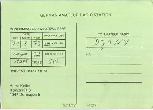 QSL - QTH - Funkkarte - DC9JC - Dormagen