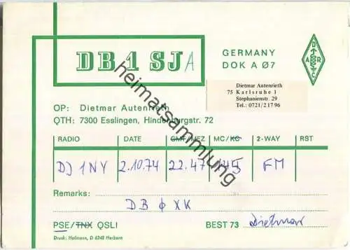 QSL - QTH - Funkkarte - DB1SJ - Karlsruhe