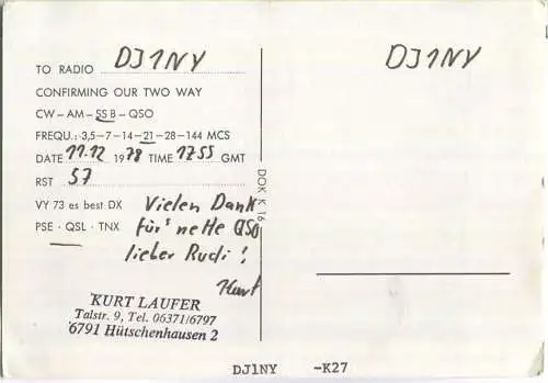 QSL - QTH - Funkkarte - DJ3UI - Hütschenhausen