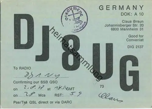 QSL - QTH - Funkkarte - DJ8UG - Mannheim
