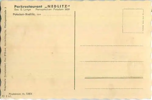 Nedlitz - Blick auf die Liebesinsel - Parkrestaurant Nedlitz - Besitzer E. Lange - Verlag Max O'Brien Berlin 30er Jahre