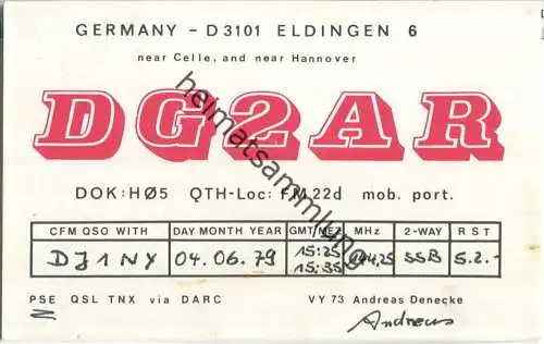 QSL - QTH - Funkkarte - DG2AR - Eldingen