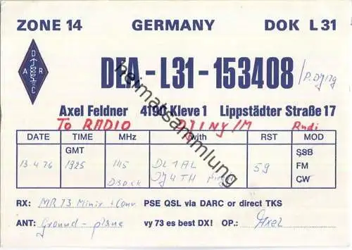 QSL - QTH - Funkkarte - DEA-L31-153408 - Kleve