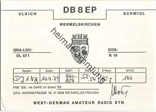 QSL - QTH - Funkkarte - DB8EP - Wermelskirchen