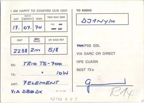 QSL - QTH - Funkkarte - DB2EL - Remscheid