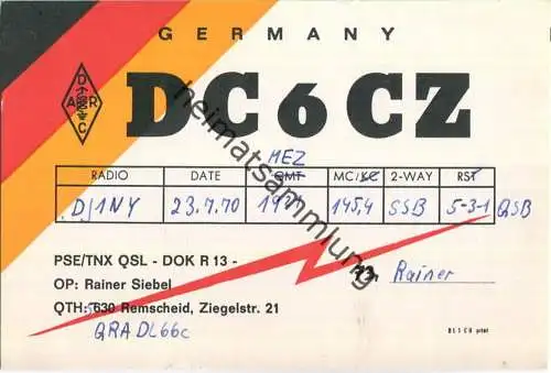 QSL - QTH - Funkkarte - DC6CZ - Remscheid