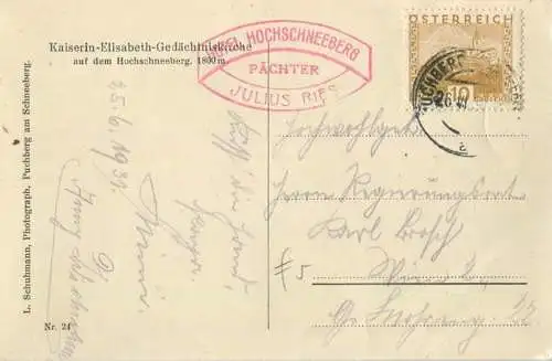 Kaiserin-Elisabeth-Gedächtniskirche auf dem Hochschneeberg - Verlag L. Schuhmann Puchberg gel.1931