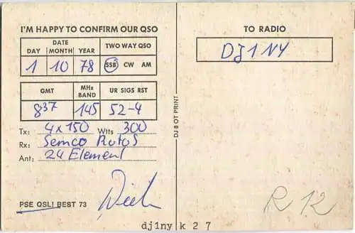 QSL - QTH - Funkkarte - DC9YC - Breitscheid Ratingen