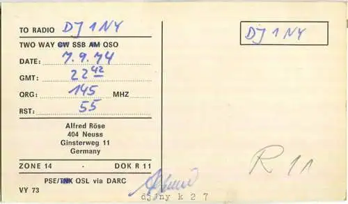 QSL - QTH - Funkkarte - DK3OS/P - Neuss