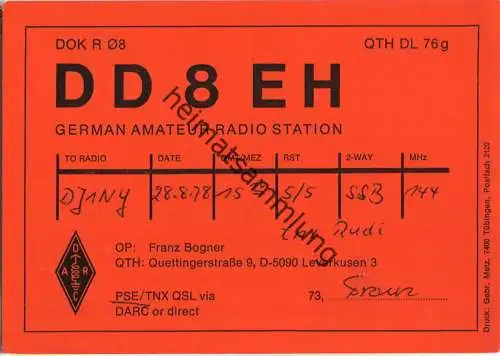 QSL - QTH - Funkkarte - DD8EH - Leverkusen