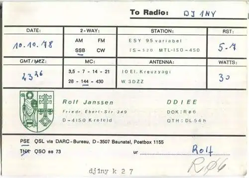 QSL - QTH - Funkkarte - DDIEE - Krefeld