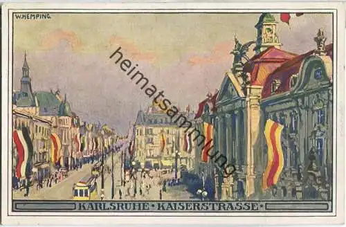 Karlsruhe - Kaiserstrasse - Flaggen - signiert W. Hempfing - Feldpost