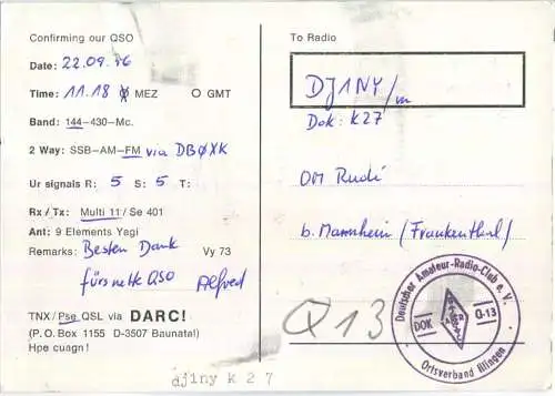 QSL - QTH - Funkkarte - DB1VQ - Friedrichsthal (Saarland)