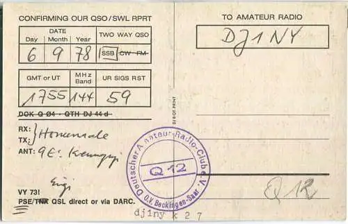 QSL - QTH - Funkkarte - DK5VF - Düppenweiler Saar