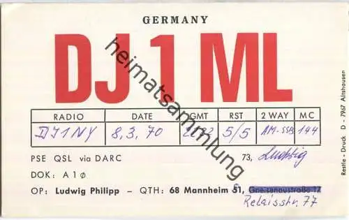 QSL - QTH - Funkkarte - DJ1ML - Mannheim