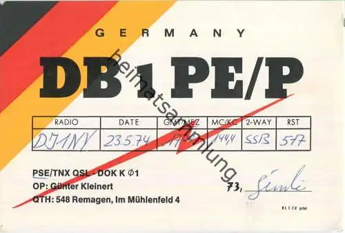 QSL - QTH - Funkkarte - DB1PE/P - Remagen