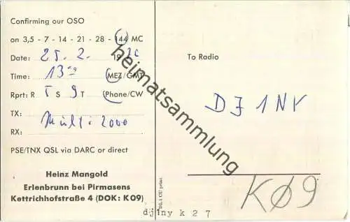 QSL - QTH - Funkkarte - DJ4OK - Erlenbrunn bei Pirmasens