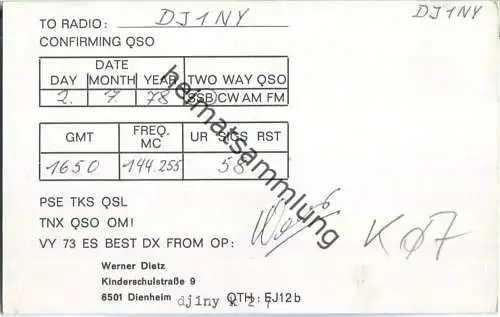 QSL - QTH - Funkkarte - DB3PF - Dienheim