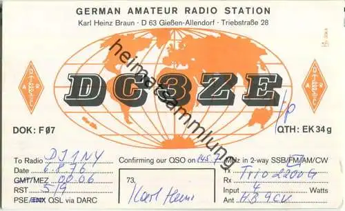 QSL - QTH - Funkkarte - DC3ZE - Gießen-Allendorf