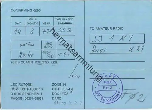QSL - QTH - Funkkarte - DD0ZA - Bensheim