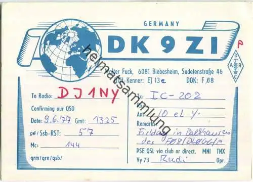 QSL - QTH - Funkkarte - DK9ZI - Biebesheim