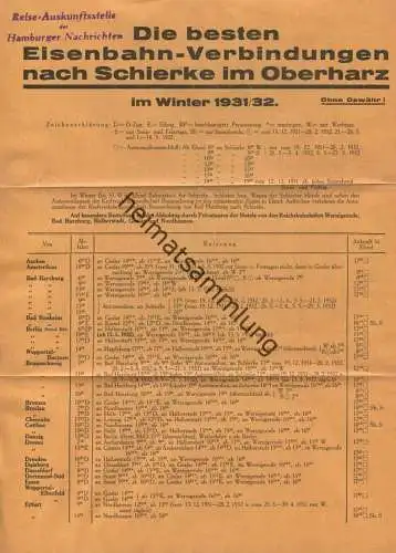 Die besten Eisenbahn-Verbindungen nach Schierke im Oberharz - Fahrplan 1931/32 - Faltblatt