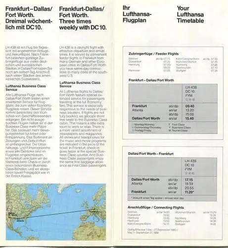 Lufthansa Dallas/Fort Worth Neu im Flugplan ab Mai 1980 - Faltblatt mit 5 Abbildungen