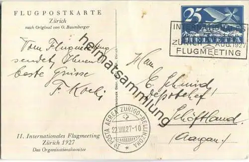 Flug-Postkarte 25 Cts - II. Internationales Flugmeeting Zürich 1927 - O. Bamberger - Verlag Gebr. Fretz AG Zürich